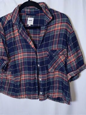 aerie Navy Plaid Button-Down Shirt with Red and Green Stripes Cropped